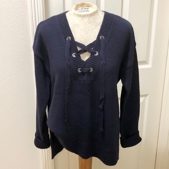 Gap Women’s Chunky Navy Blue Long Sleeve Lace-Up V-Neck Sweater w/Side Slits - L - Picture 3 of 16